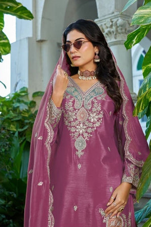 Free Size Stitched Pink Embroidered Chinon Palazzo Suits (RF30319)