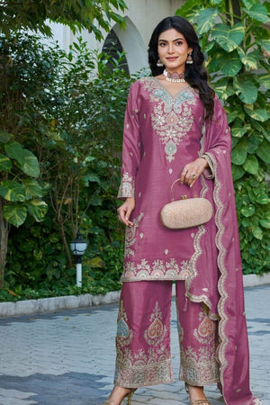 Free Size Stitched Pink Embroidered Chinon Palazzo Suits (RF30319)