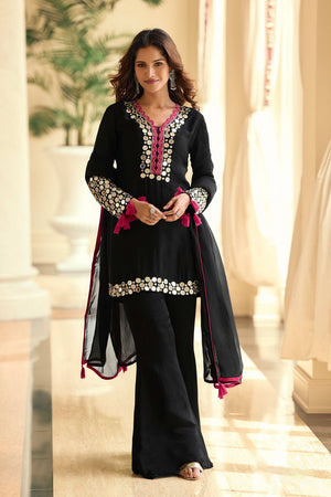 Free Size Stitched Black Mirror Embroidered Shimmer Kurti Pant Set (RF30332)