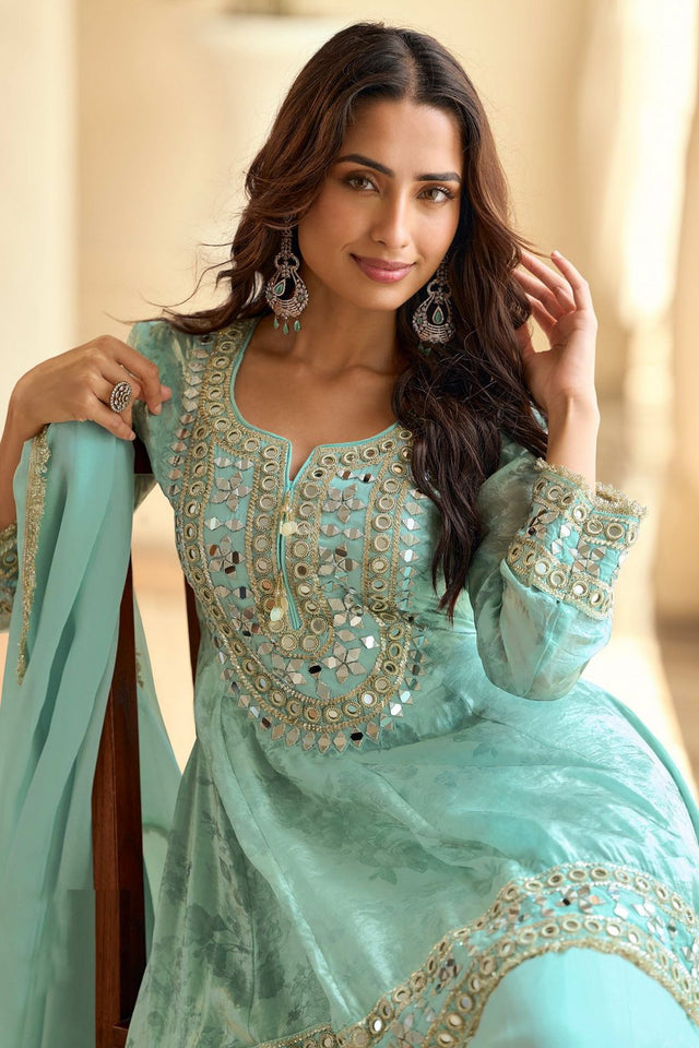Free Size Stitched Blue Mirror Embroidered Shimmer Kurti Pant Set (RF30333)