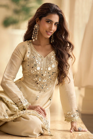 Free Size Stitched White Mirror Embroidered Shimmer Kurti Pant Set (RF30334)