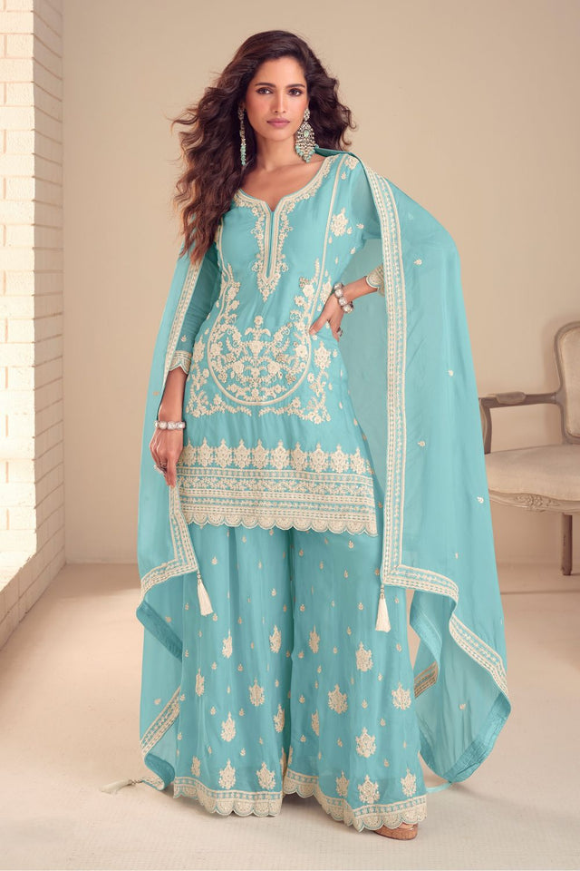 Free Size Stitched Blue Embroidered Chinon Sharara Suit (RF30335)