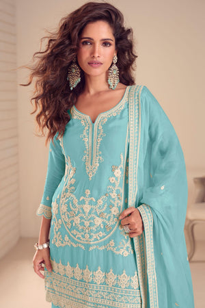 Free Size Stitched Blue Embroidered Chinon Sharara Suit (RF30335)