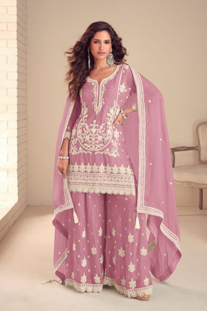 Free Size Stitched Pink Embroidered Chinon Sharara Suit (RF30336)