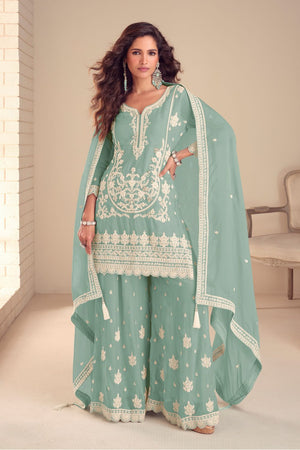 Free Size Stitched Green Embroidered Chinon Sharara Suit (RF30337)
