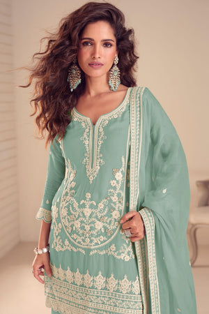 Free Size Stitched Green Embroidered Chinon Sharara Suit (RF30337)