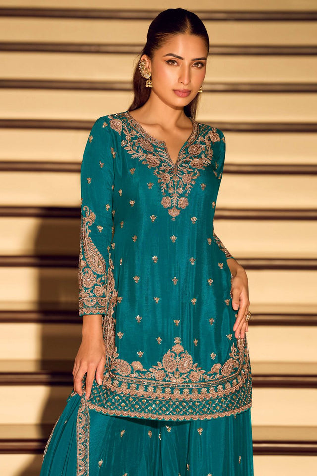 Free Size Stitched Turquoise Embroidered Chinon Sharara Suit (RF30338)