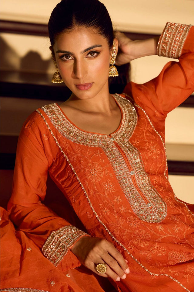 Free Size Stitched Orange Embroidered Chinon Sharara Suit (RF30339)