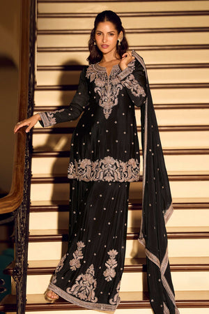 Free Size Stitched Black Embroidered Chinon Sharara Suit (RF30340)