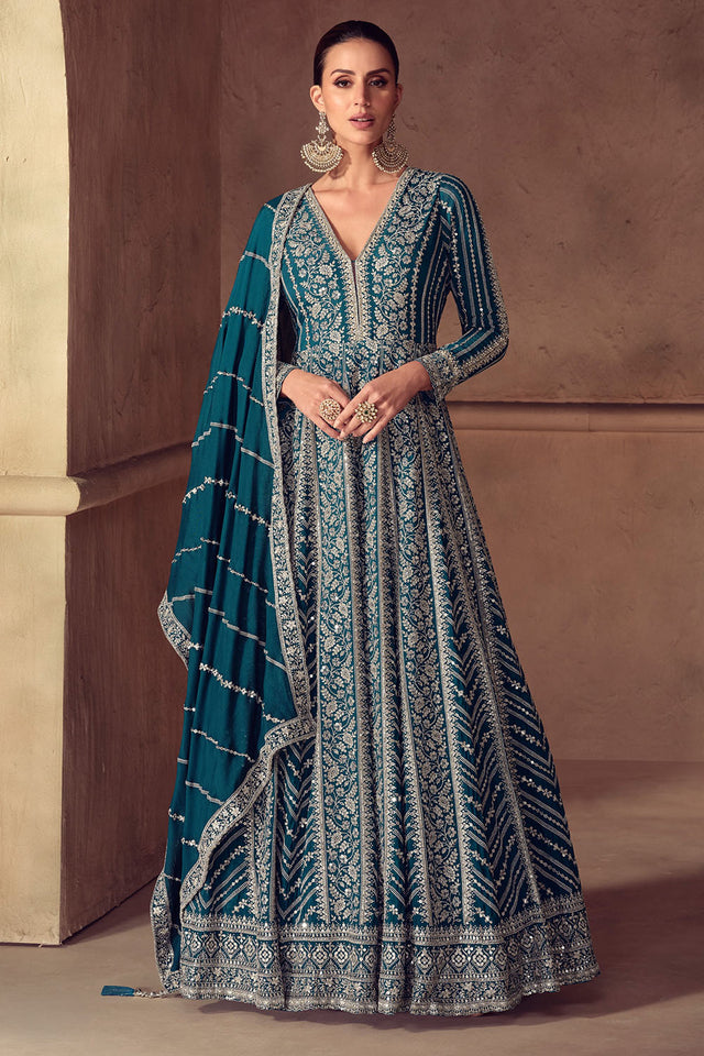 Turquoise Sequin with Embroidered Chinon Gown (RF30359)