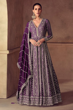 Purple Sequin with Embroidered Chinon Gown (RF30361)
