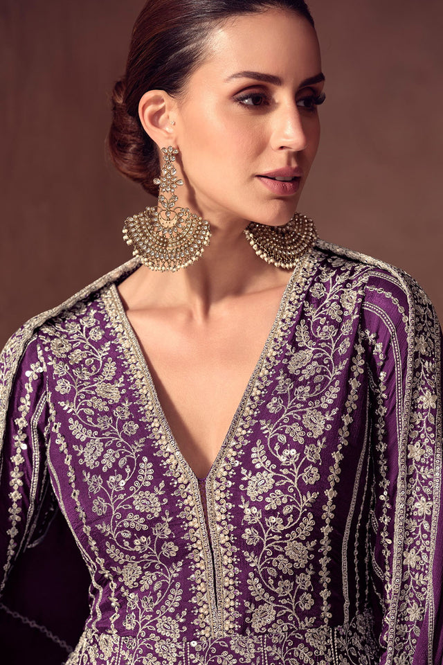 Purple Sequin with Embroidered Chinon Gown (RF30361)