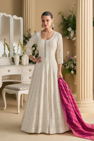 Free Size Stitched Off White Santoon Georgette Gown (RF30363)