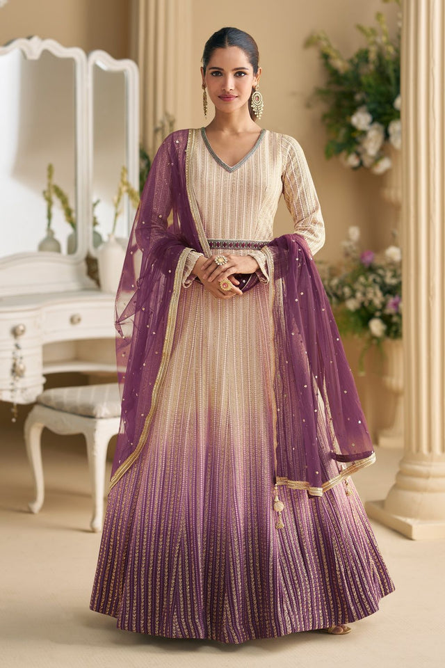Free Size Stitched Cream And Purple Santoon Georgette Gown (RF30364)
