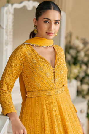 Free Size Stitched Yellow Santoon Georgette Gown (RF30365)