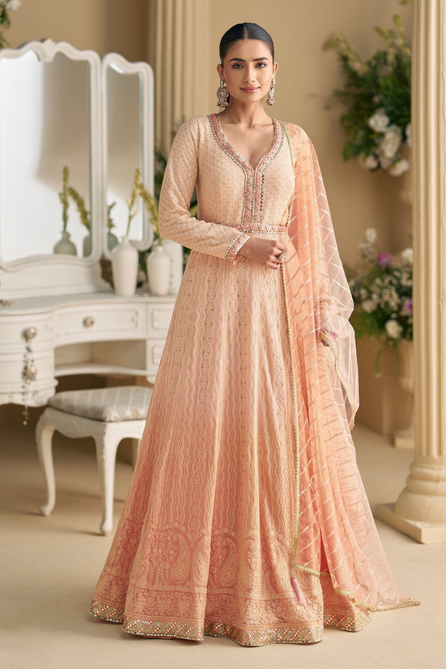 Free Size Stitched Peach Santoon Georgette Gown (RF30366)