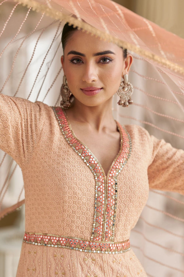 Free Size Stitched Peach Santoon Georgette Gown (RF30366)