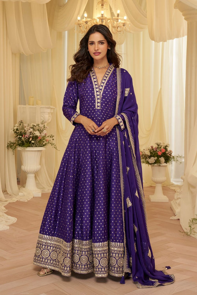 Purple Sequin with Embroidered Viscose Gown (RF30374)