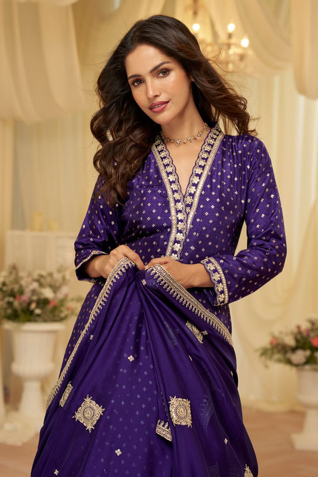 Purple Sequin with Embroidered Viscose Gown (RF30374)
