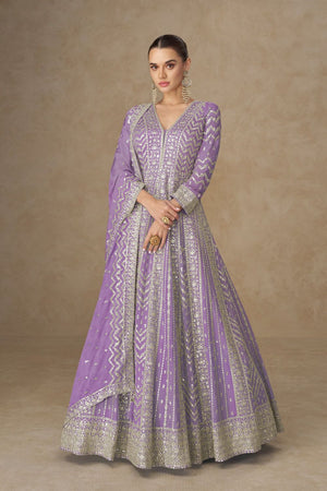 Purple Sequin with Embroidered Chinon Gown (RF30381)