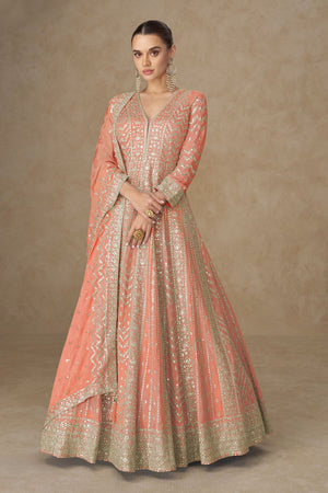 Orange Sequin with Embroidered Chinon Gown (RF30382)