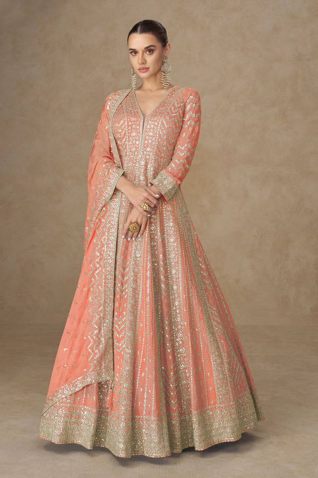 Orange Sequin with Embroidered Chinon Gown (RF30382)