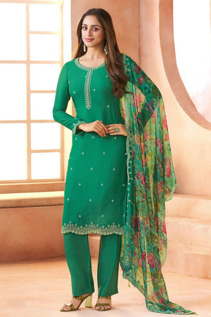 Green Embroidered Chiffon Straight Cut Suit (RF30385)