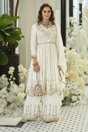White Embroidered with Mirror Work Chinon Palazzo Suit (RF30387)