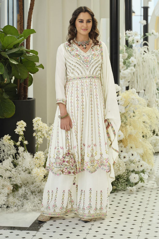 White Embroidered with Mirror Work Chinon Palazzo Suit (RF30387)