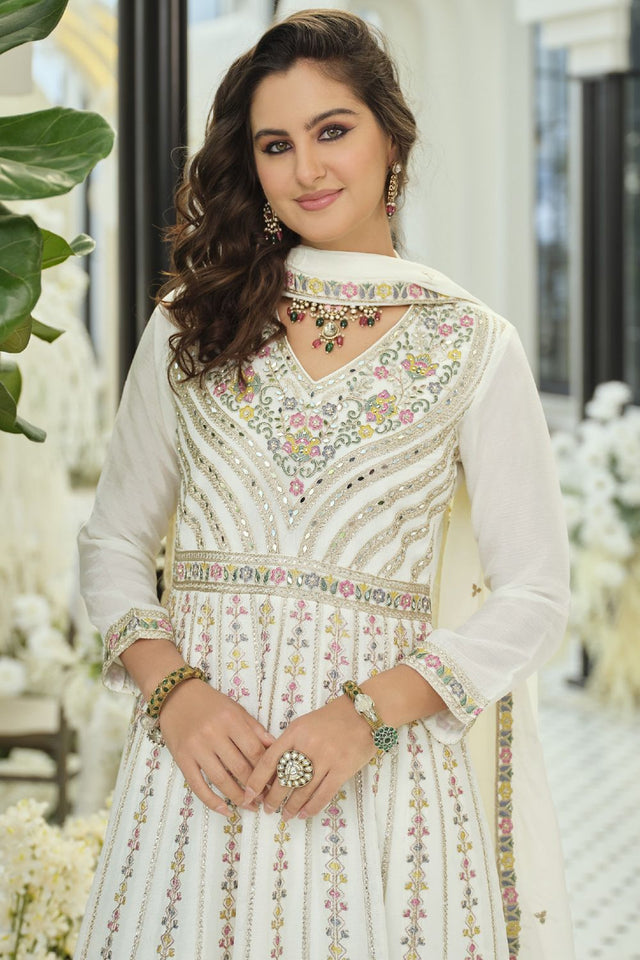 White Embroidered with Mirror Work Chinon Palazzo Suit (RF30387)