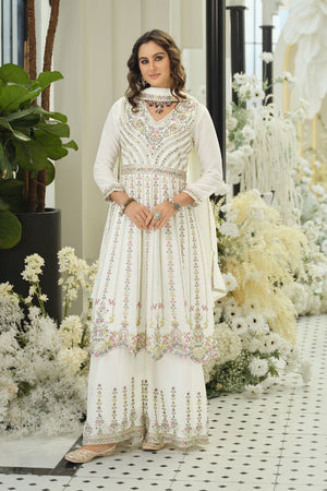 White Embroidered with Mirror Work Chinon Palazzo Suit (RF30387)