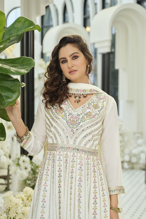 White Embroidered with Mirror Work Chinon Palazzo Suit (RF30387)