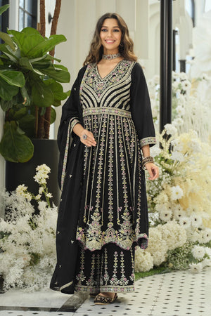 Black Embroidered with Mirror Work Chinon Palazzo Suit (RF30388)