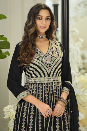 Black Embroidered with Mirror Work Chinon Palazzo Suit (RF30388)