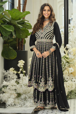 Black Embroidered with Mirror Work Chinon Palazzo Suit (RF30388)