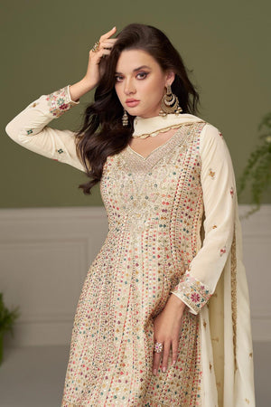 White Santoon Georgette Free Size Stitched Palazzo Suit (RF30392)