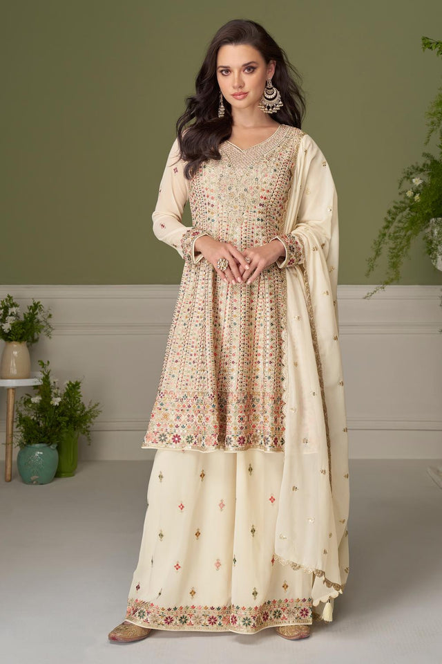 White Santoon Georgette Free Size Stitched Palazzo Suit (RF30392)