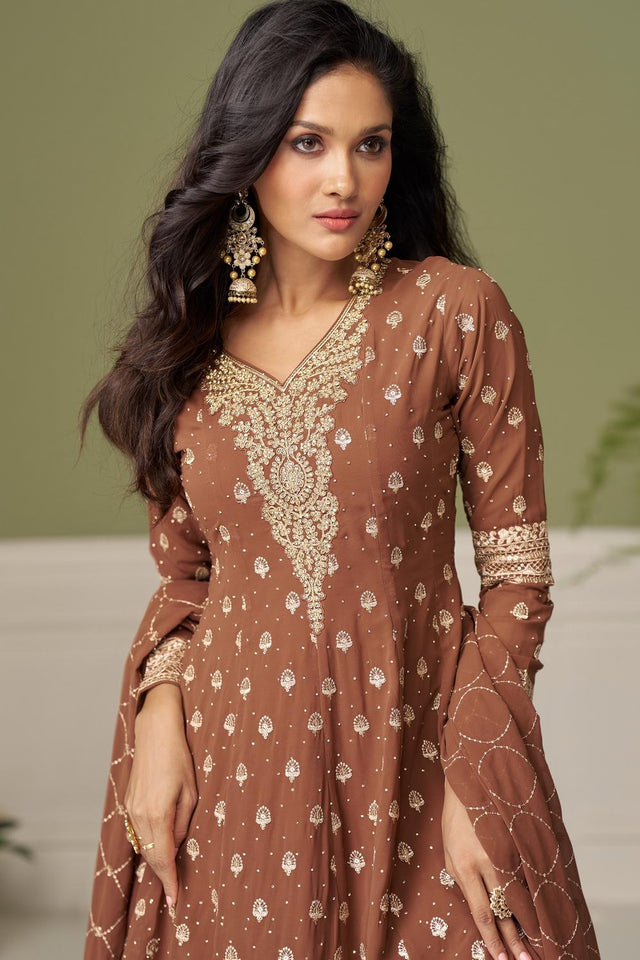 Brown Santoon Georgette Free Size Stitched Palazzo Suit (RF30393)