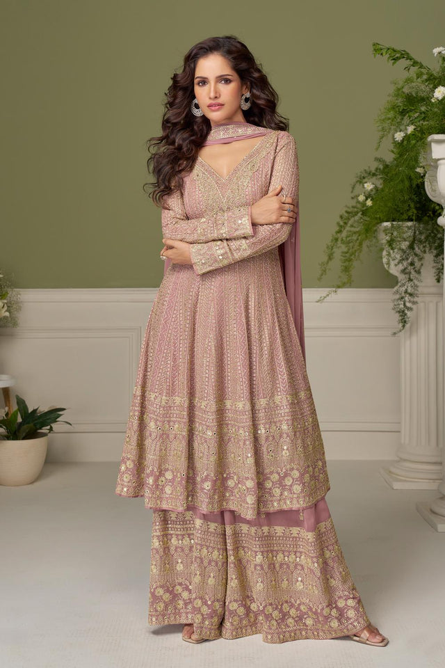 Mauve Santoon Georgette Free Size Stitched Palazzo Suit (RF30394)