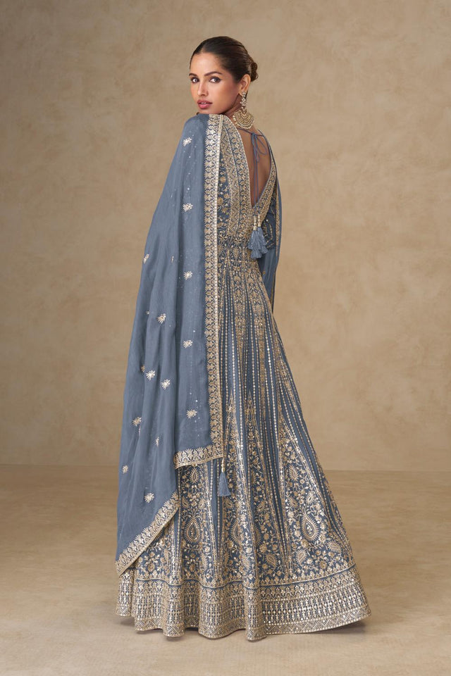 Blue Santoon Chinon Free Size Stitched Gown (RF30399)