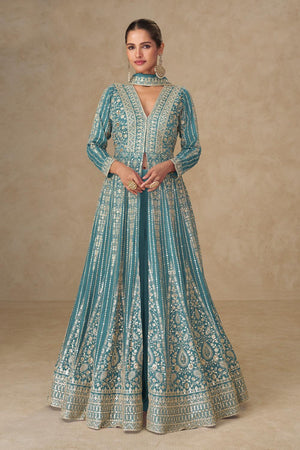 Turquoise Santoon Chinon Free Size Stitched Gown (RF30401)