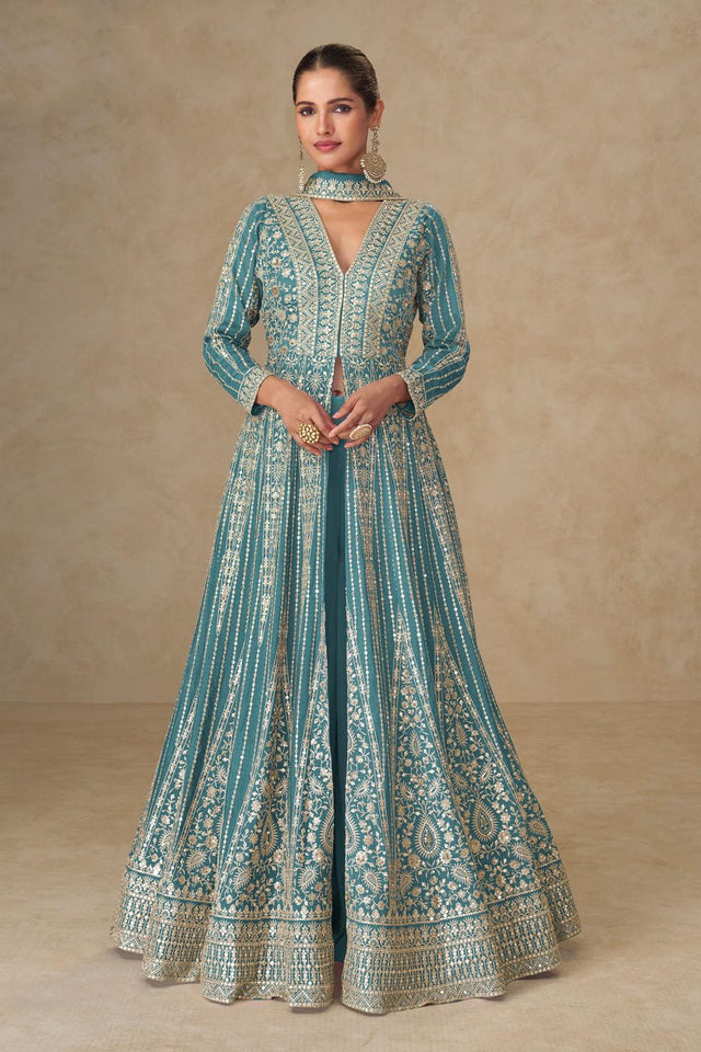 Turquoise Santoon Chinon Free Size Stitched Gown (RF30401)