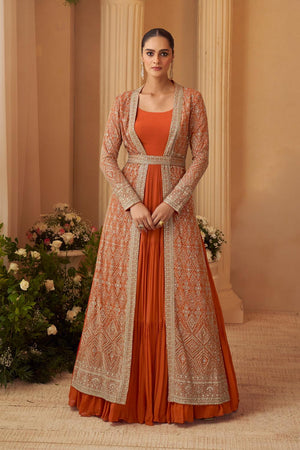 Orange Santoon Chinon Free Size Stitched Gown (RF30403)