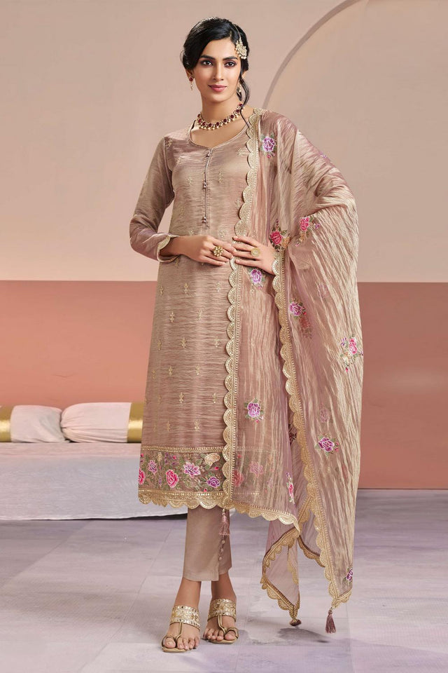 Peach Floral Embroidered Silk Kurti Pant Set (RF30406)