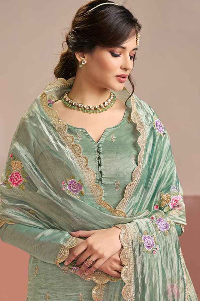 Green Floral Embroidered Silk Kurti Pant Set (RF30407)
