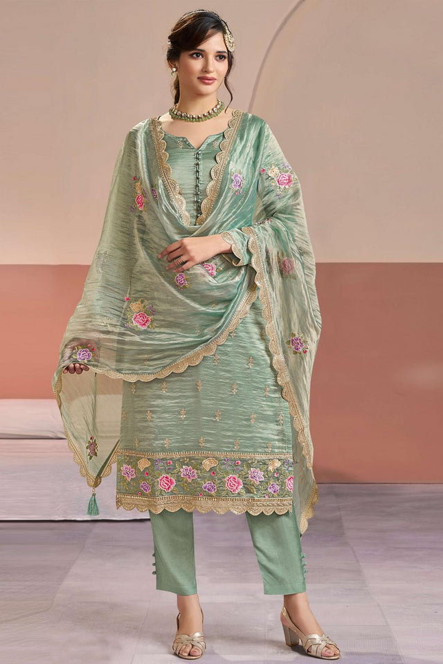 Green Floral Embroidered Silk Kurti Pant Set (RF30407)