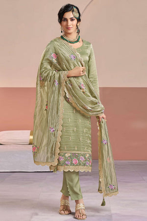 Olive Green Floral Embroidered Silk Kurti Pant Set (RF30408)