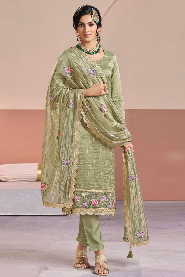 Olive Green Floral Embroidered Silk Kurti Pant Set (RF30408)