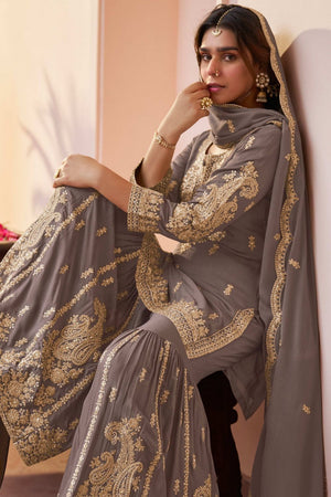 Grey Sequin with Embroidered Chinon Free Size Stitched Sharara Suit (RF30420)