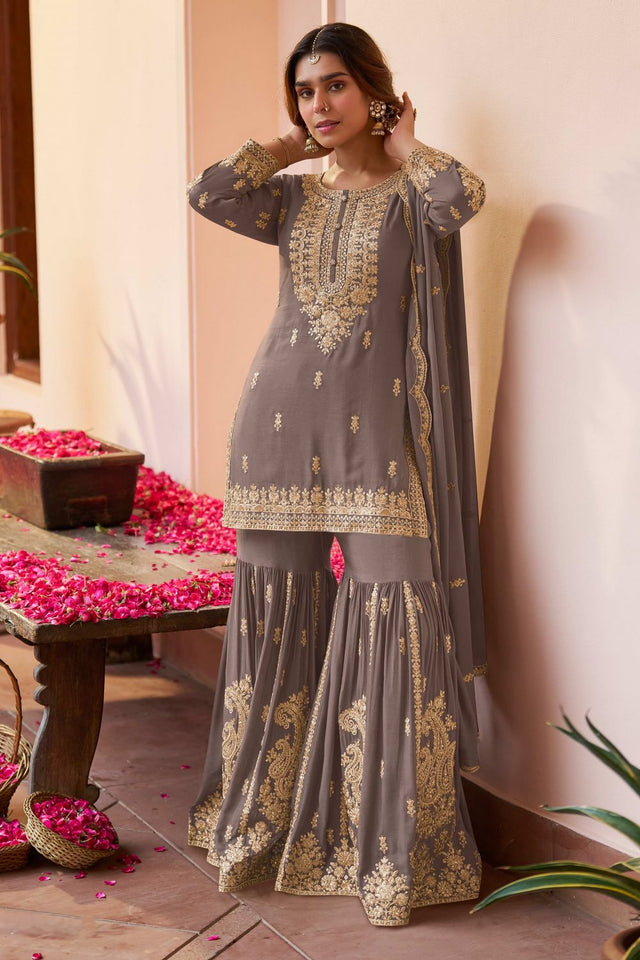 Grey Sequin with Embroidered Chinon Free Size Stitched Sharara Suit (RF30420)